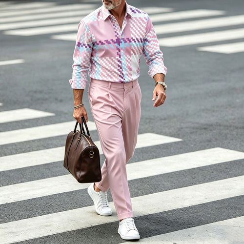 Men's Color-Blocked Lapel Long-Sleeve Shirt and Pants Set