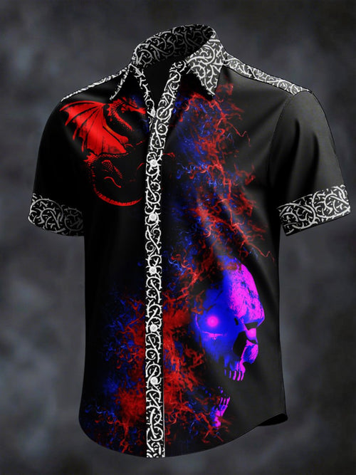 Men's Retro Horror Skull Print Lapel Short Sleeve Shirt