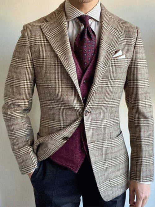 Men's Business Casual Two Button Large Pocket Plaid Blazer
