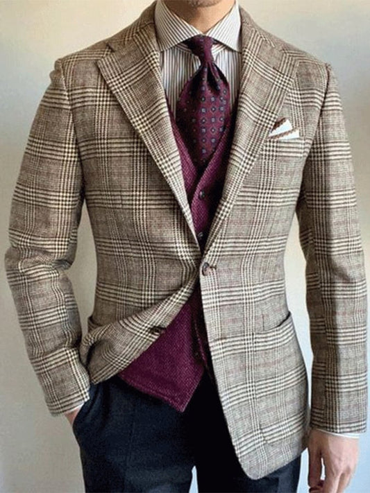 Men's Business Casual Two Button Large Pocket Plaid Blazer