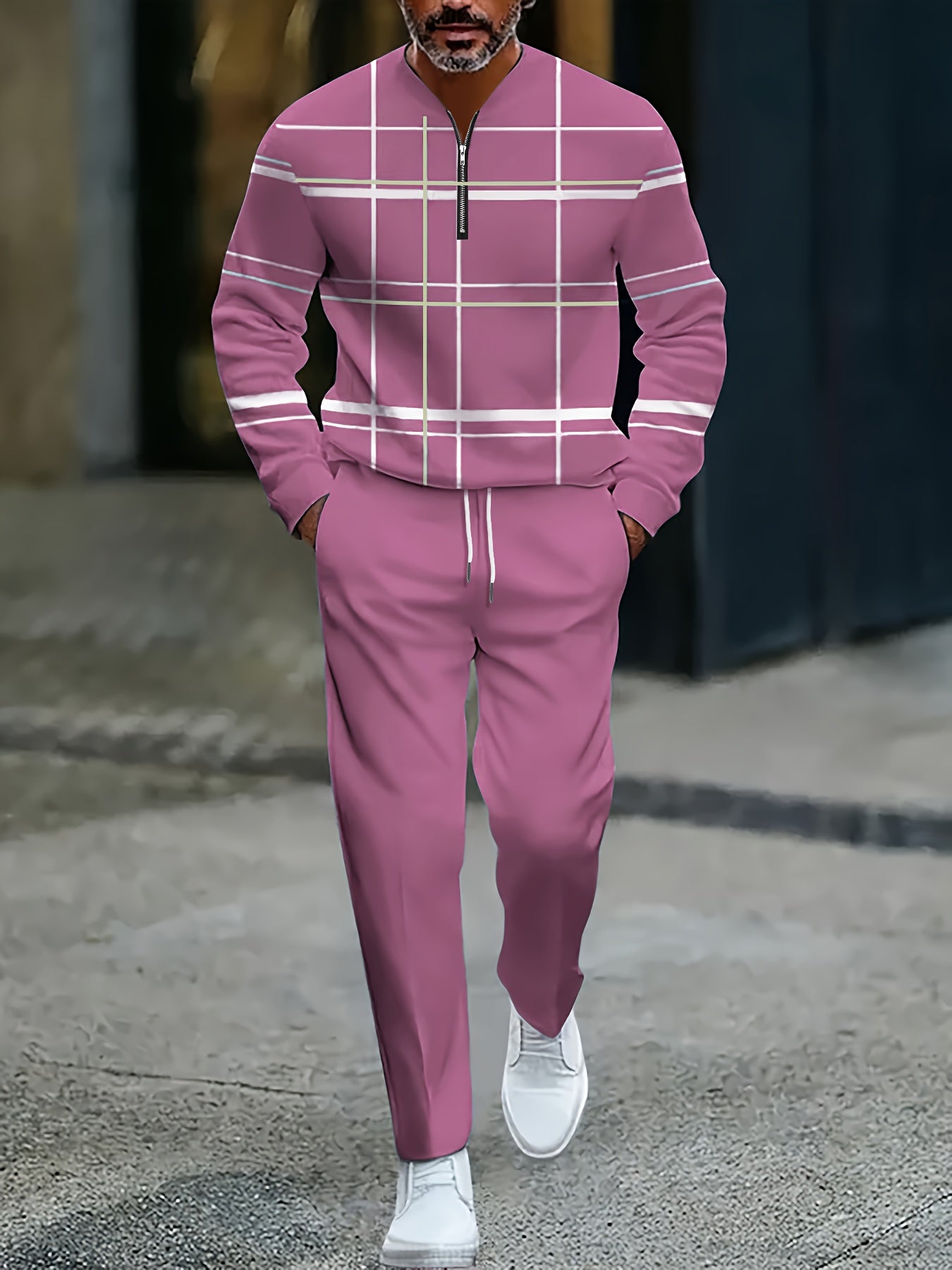 Men's Casual Color Matching Printed Round-Neck Zipper Long Sleeved Trousers Two-Piece Set