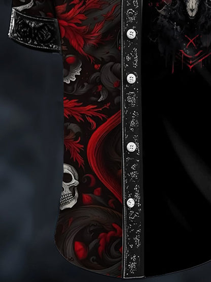 Men's Casual Dark Skull Demon Art Satin Shirt