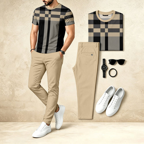 Men's Casual Two-Piece Set: Printed Crew Neck Short-Sleeve Top & Long Pants