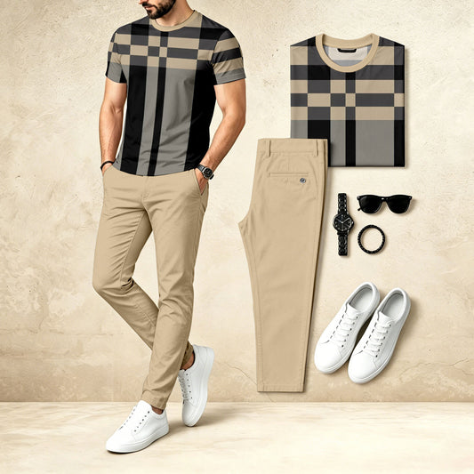Men's Casual Two-Piece Set: Printed Crew Neck Short-Sleeve Top & Long Pants