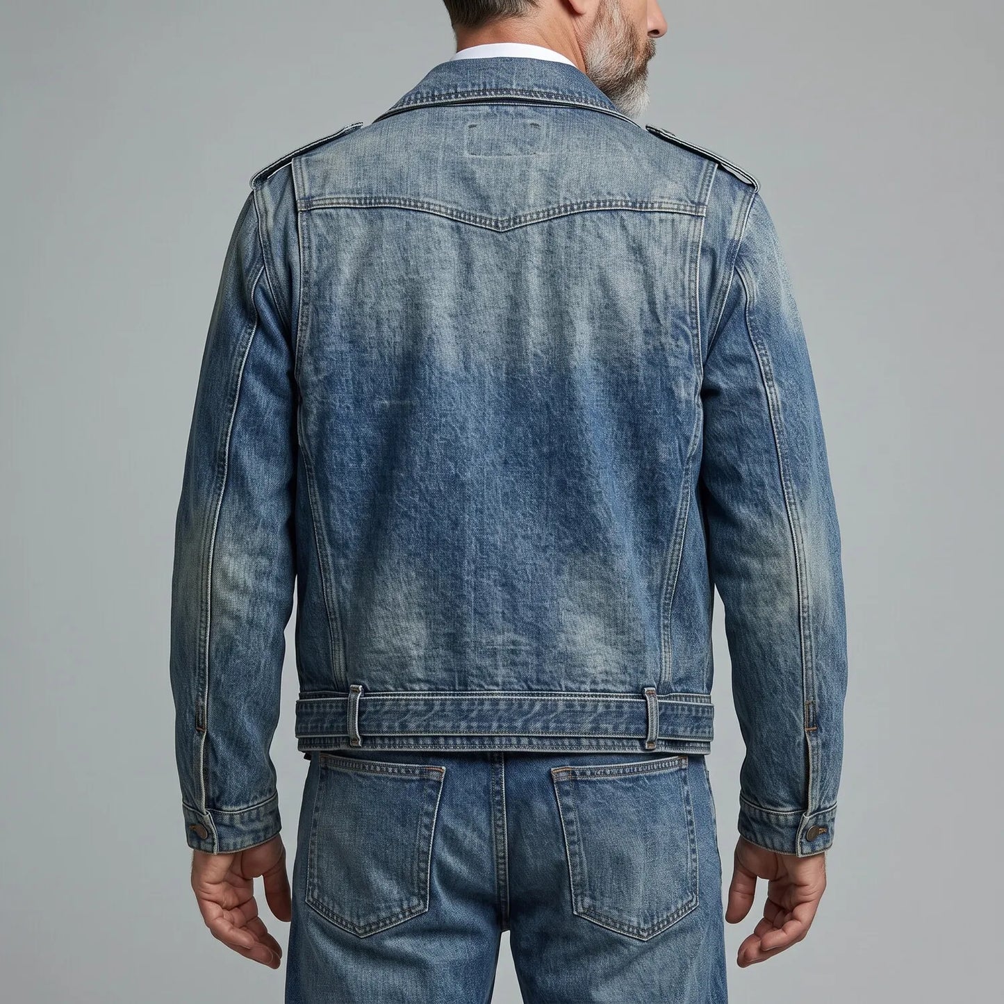 Men's Blue Notch Lapel Asymmetrical Zipper Multi-Pocket Washed Denim Jacket