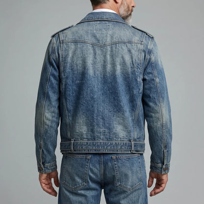 Men's Blue Notch Lapel Asymmetrical Zipper Multi-Pocket Washed Denim Jacket