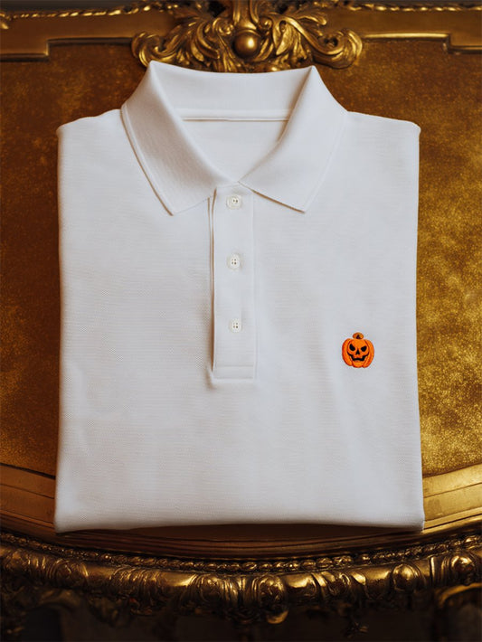 Men's Casual Business Halloween Pumpkin Art Button Short Sleeve Polo Shirt