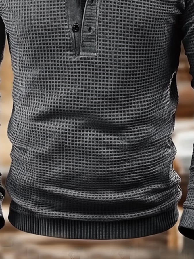 Men's Vintage Waffle Color Patch Henley Neck T-Shirt