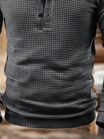 Men's Vintage Waffle Color Patch Henley Neck T-Shirt