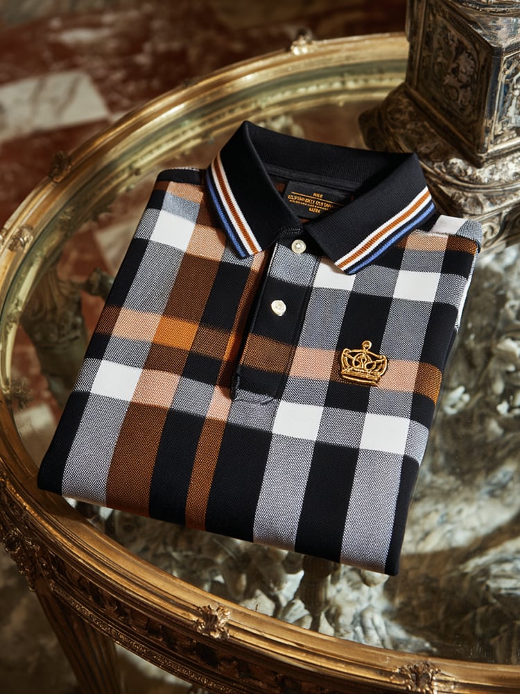 Men's Classic Business Check Logo Button Short Sleeve Polo Shirt