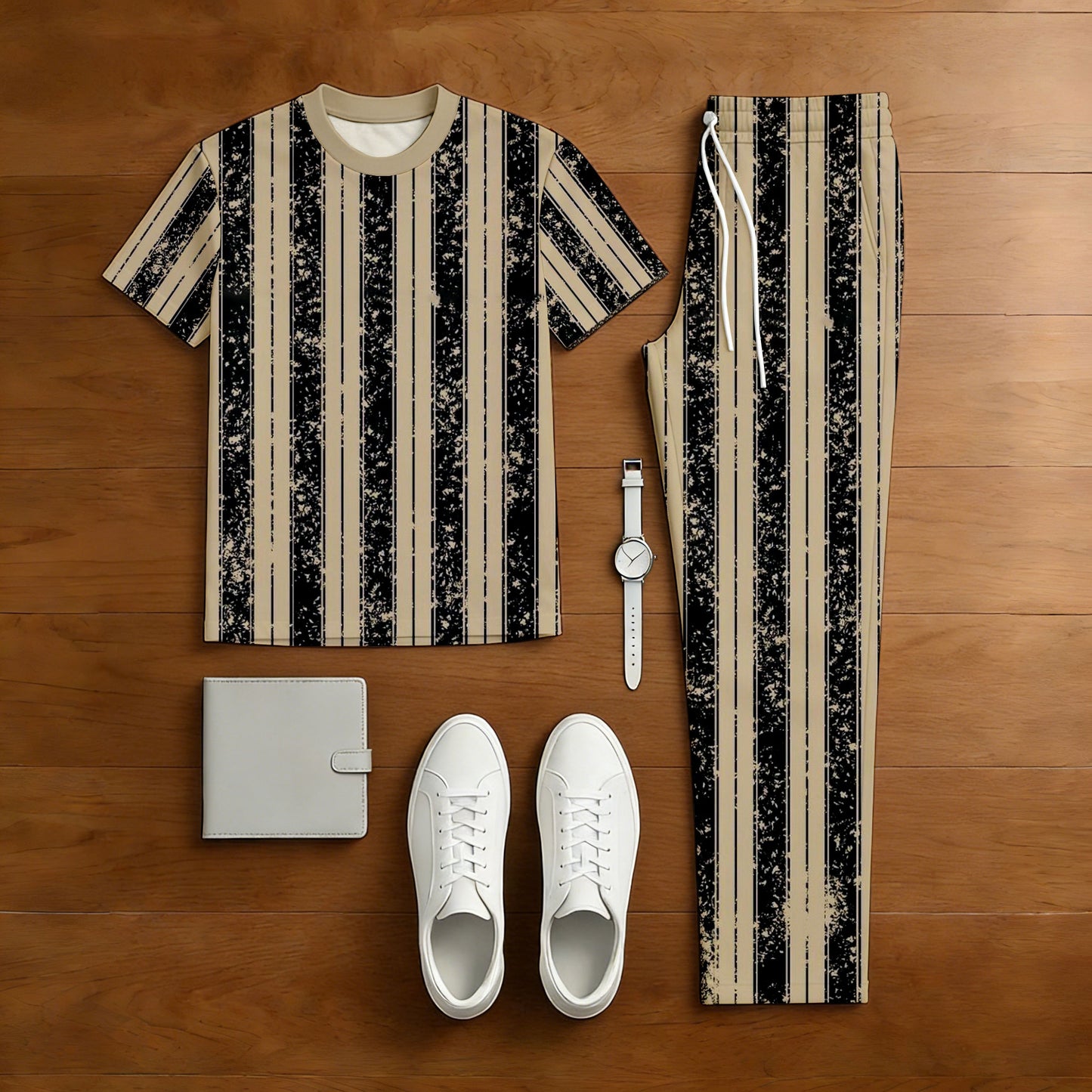 Men's Casual Tan & Black Color Matching Striped Printed Short Sleeved T-Shirt & Trousers Two-Piece Set