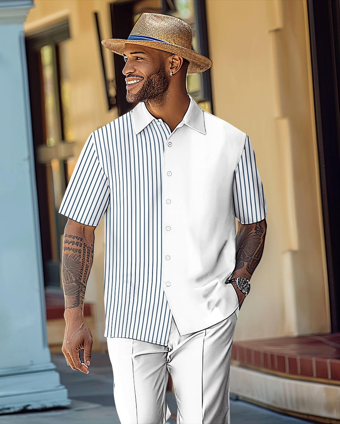 Men's Gorgeous Color Block Short Sleeve Shirt Walking Suit 1073