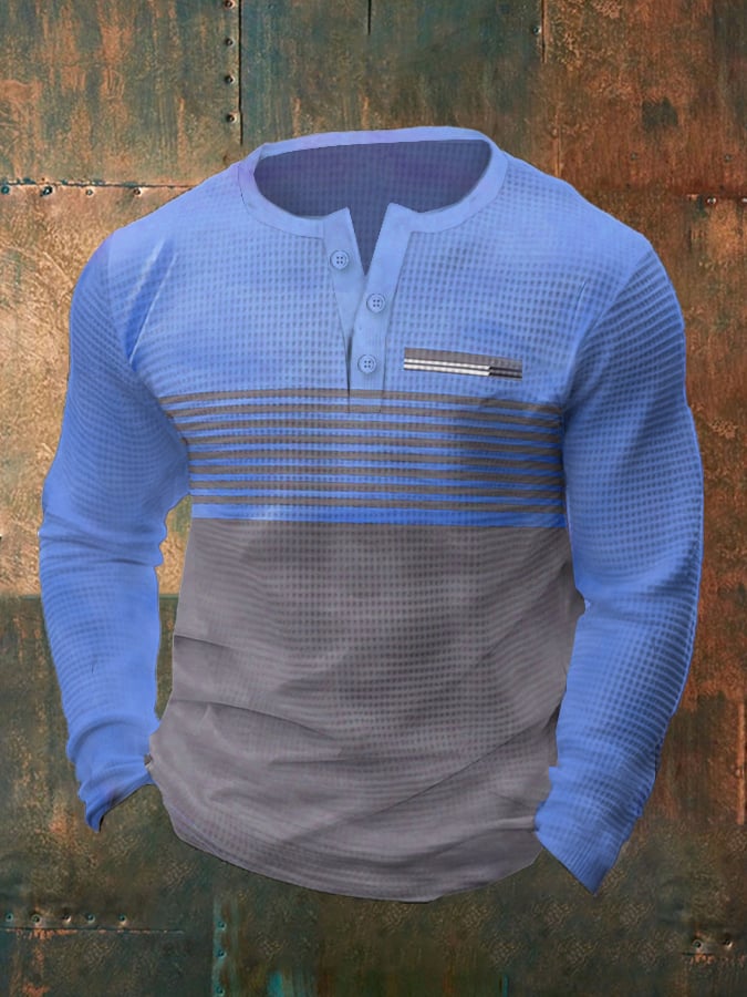 Men's Vintage Waffle Color Patch Henley Neck T-Shirt