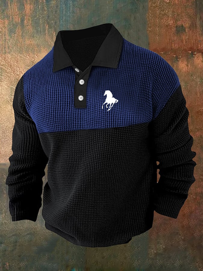 Men's Retro Business Casual Waffle Fabric Long Sleeve Polo Shirt