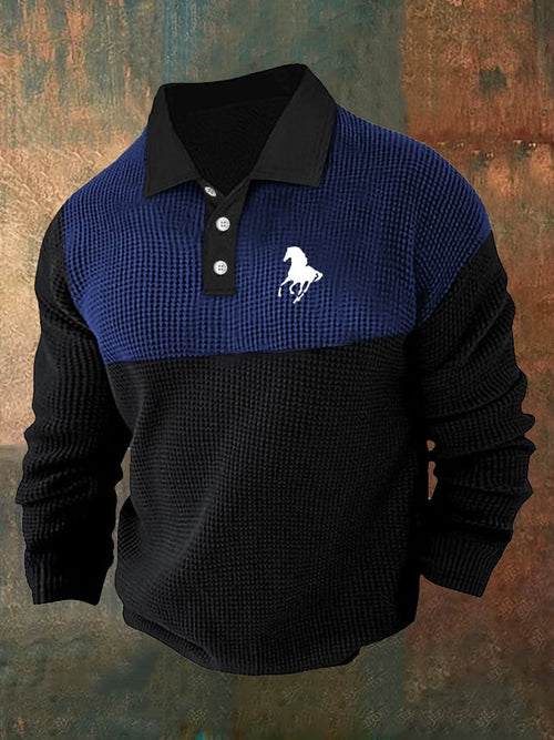 Men's Retro Business Casual Waffle Fabric Long Sleeve Polo Shirt