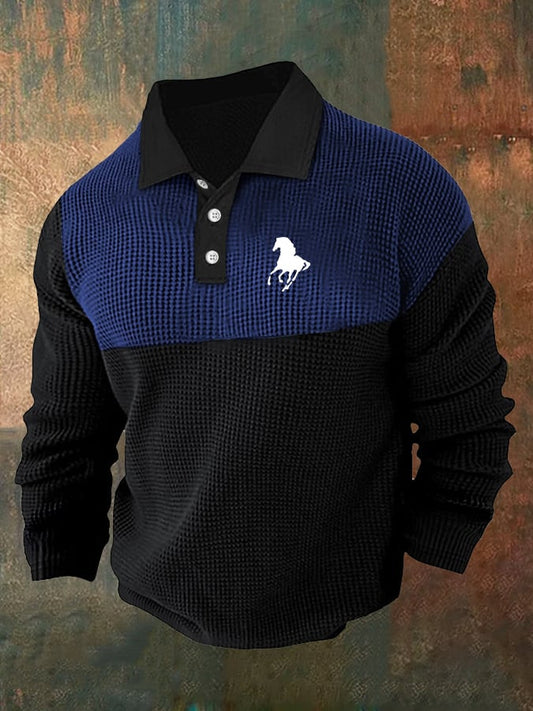 Men's Retro Business Casual Waffle Fabric Long Sleeve Polo Shirt
