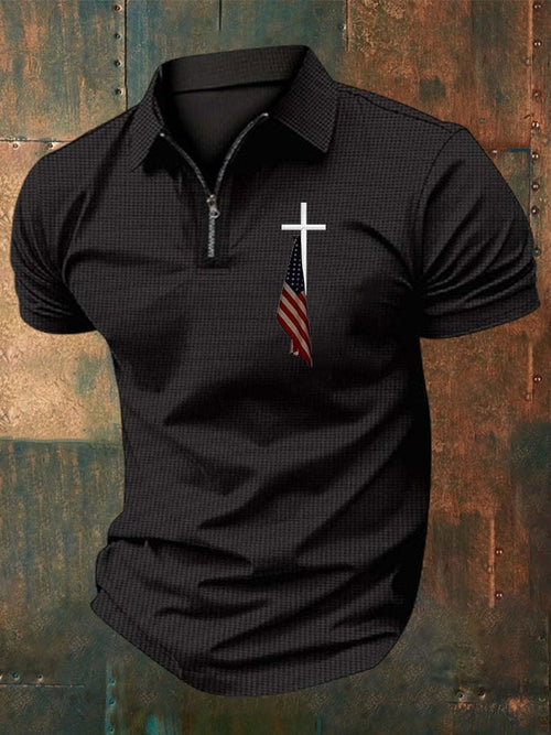 Men'S Flag Cross Print Waffle Casual Polo Shirt
