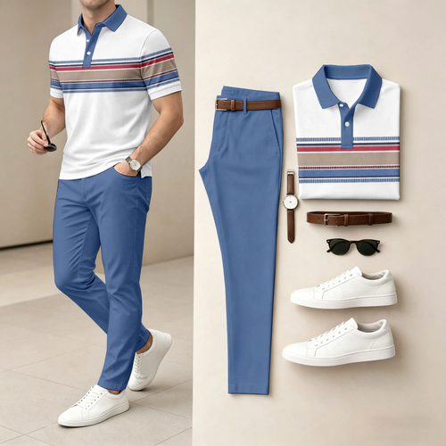 Men's Casual White Geometry Printed Polo Shirt And Pants Two-Piece Set