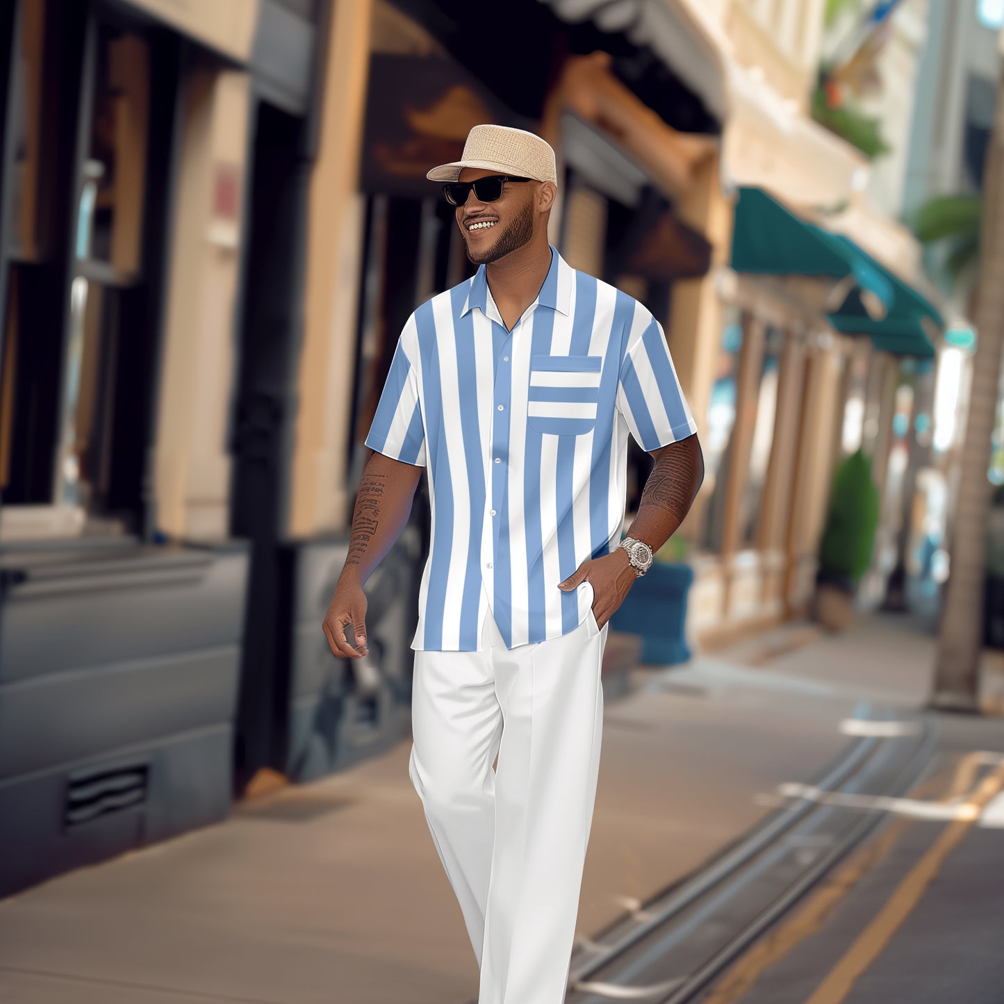 Men's Retro Colorblock Short Sleeve Shirt Walking Suit 1125