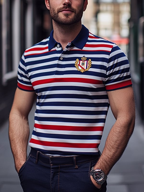 Men's Business Stripe Logo Button-Down Short Sleeve Polo Shirt