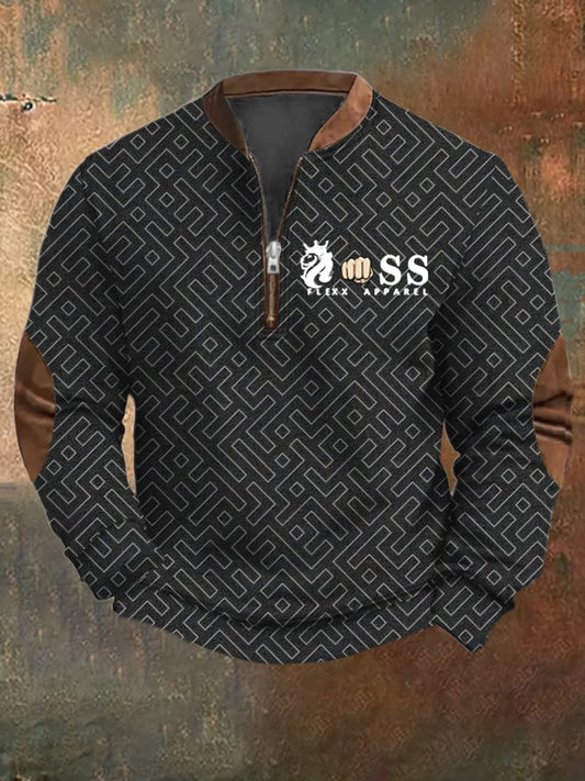Men's Retro Letter Design Printed Casual Zipper Collar Long-Sleeved Sweatshirt