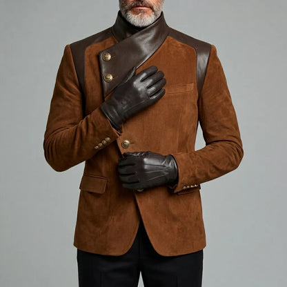 Men's Vintage Asymmetric Oblique Button PU Leather Contrast Spliced Suede Stand Collar Long Sleeve Jacket