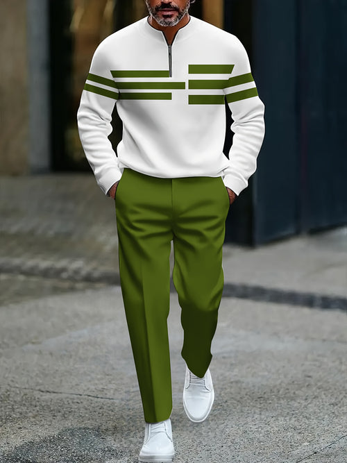 Men's Casual Color Matching Printed Round-Neck Zipper Long Sleeved Trousers Two-Piece Set