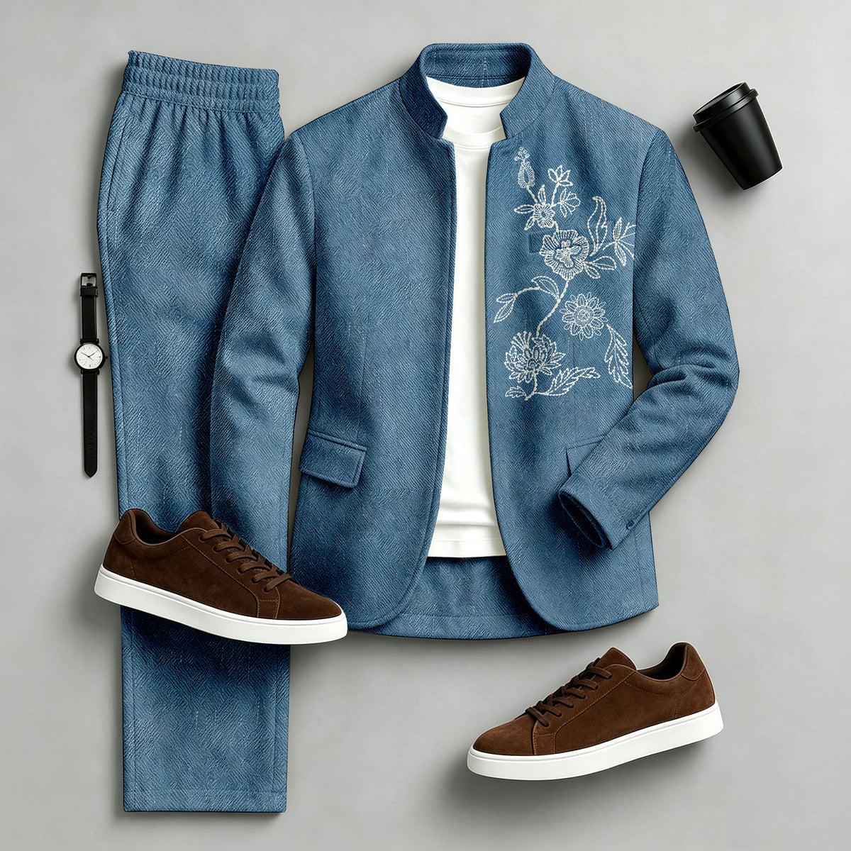 Men's Printed Stand-Collar Jacket and Pants Set