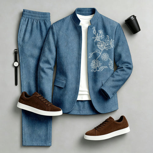 Men's Printed Stand-Collar Jacket and Pants Set