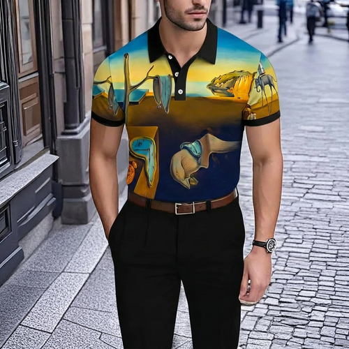 Men's Retro Blue Landscape Print Short-Sleeve Polo Shirt