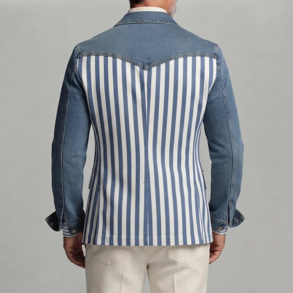 Men's Stylish Contrast Striped Print Peak Lapel Slim Fit Denim Blazers