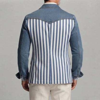 Men's Stylish Contrast Striped Print Peak Lapel Slim Fit Denim Blazers