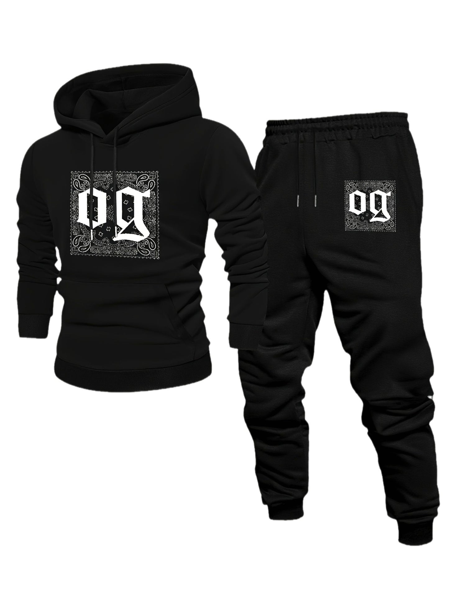 Men's Casual Black Color Matching Retro Printed Hoodies Long Sleeved Sweatshirts & Sweatpants Two-Piece Set