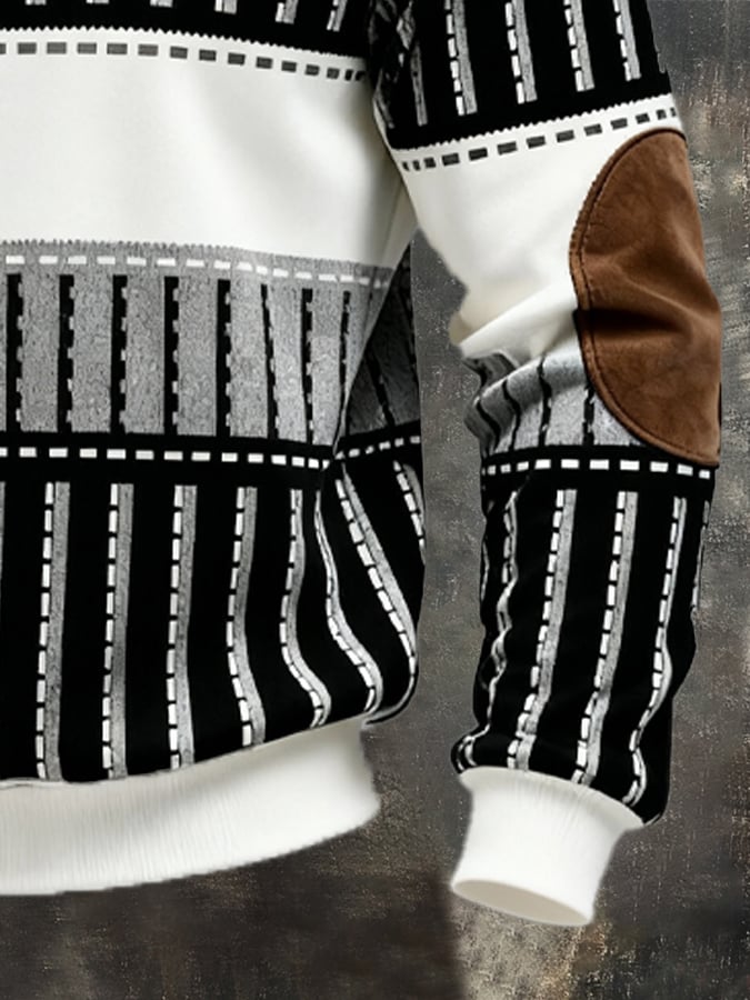 Men's Retro Color Block Print Zipper Sweatshirt