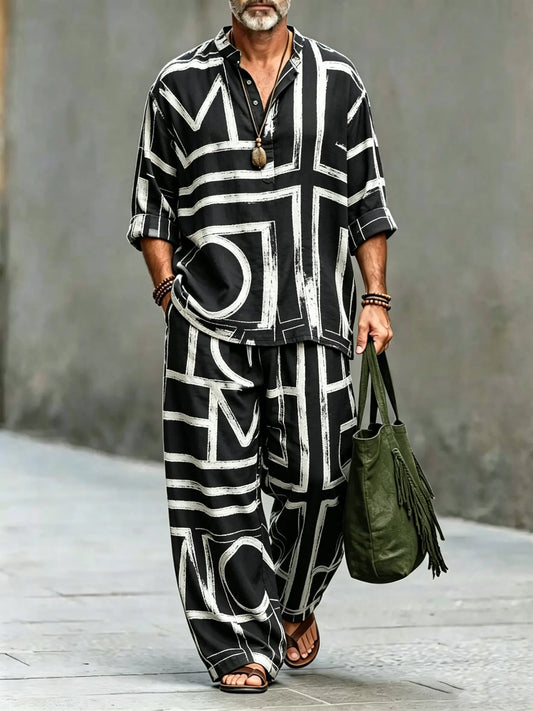 Men's Vintage Abstract Art Printed Cotton Shirt Set (Top & Pants)
