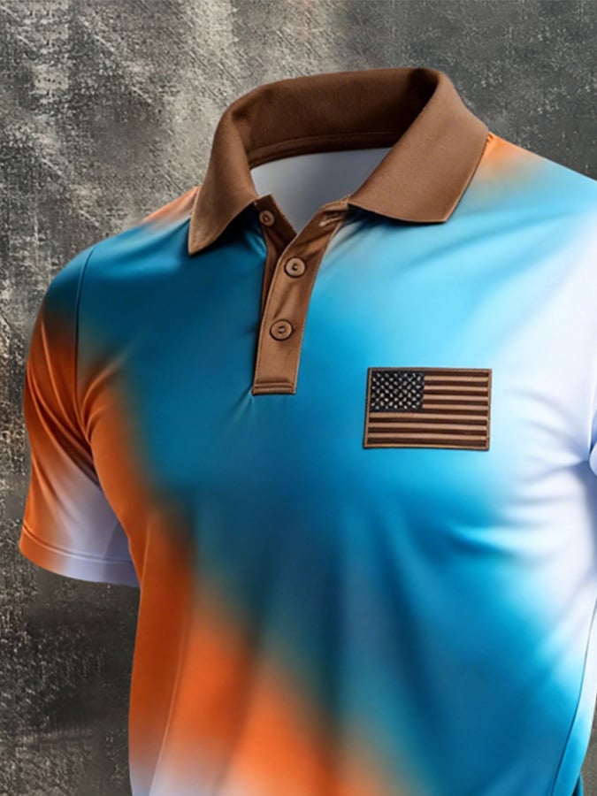 Men's Retro Patriot Color Block Polo Collar Short Sleeve