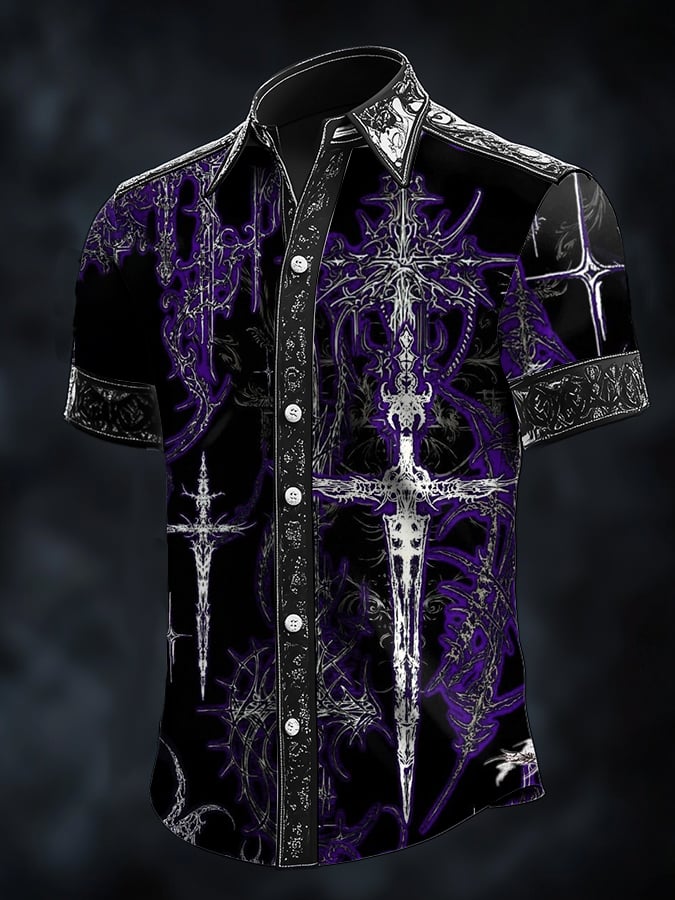 Men's Casual Fashion Dark Pattern Cross Crow Contrast Satin Shirt