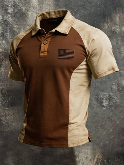 Men's Retro Patriotic Color-Block Short-Sleeve Polo Shirt