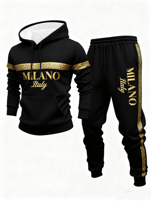 Men's Casual Black & Gold Color Matching Printed Hoodies Long Sleeved Sweatshirts & Sweatpants Two-Piece Set