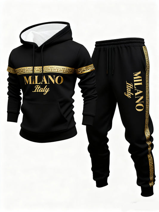 Men's Casual Black & Gold Color Matching Printed Hoodies Long Sleeved Sweatshirts & Sweatpants Two-Piece Set