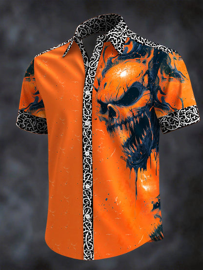 Men's Retro Horror Skull Print Lapel Short Sleeve Shirt