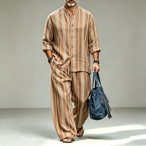 Men's Striped Print Stand-Collar Long-Sleeve Shirt and Pants Set