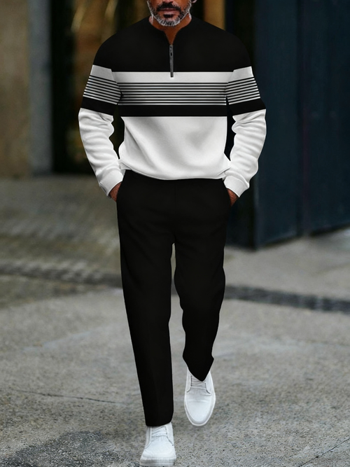 Men's fashion casual geometric print long sleeve zipper two-piece set