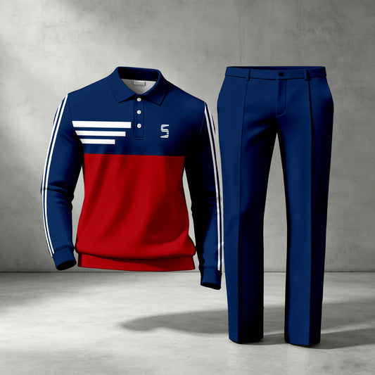 Men's Two-Piece Set: Color-Blocked Long-Sleeve Polo Shirt and Pants