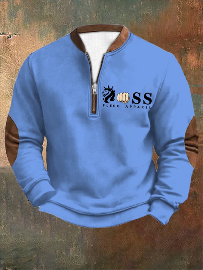 Men's Retro Letter Design Printed Zipper Collar Sweatshirt