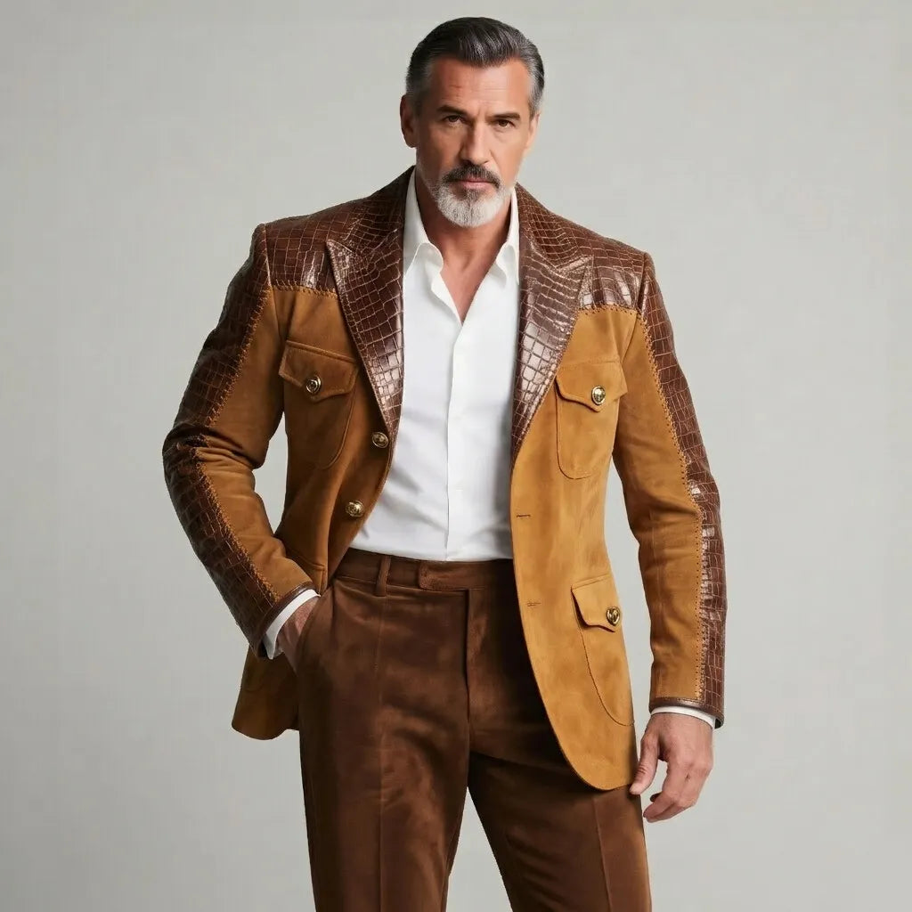 Men's Brown Suede Patchwork PU Leather Peak Lapel Single Pockets Breasted Slim Fit Blazer