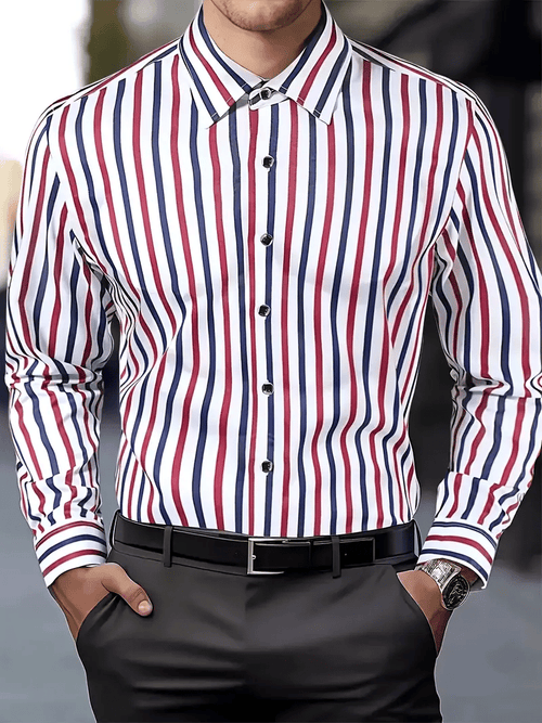 Men's Casual Striped Long Sleeve Lapel Shirt
