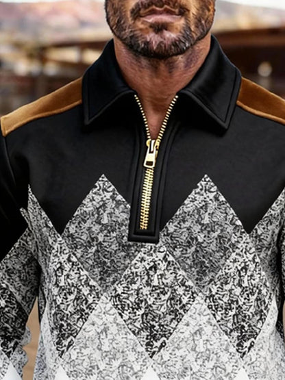 Men's Retro Color Block Print Zipper Sweatshirt
