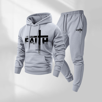 Men's Faith Letter Pattern Print Hoodie and Drawstring Sweatpants Set, Menswear, Casual Athletic Long Sleeve Hooded Jacket & Trousers for Fall & Winter, Men's Clothing for Daily Wear, Sportswear Indoor Outdoor, Tracksuit, Athleisure