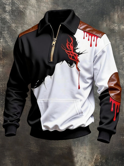 Men's Vintage Color-Block Printed Zip-Up Hoodie